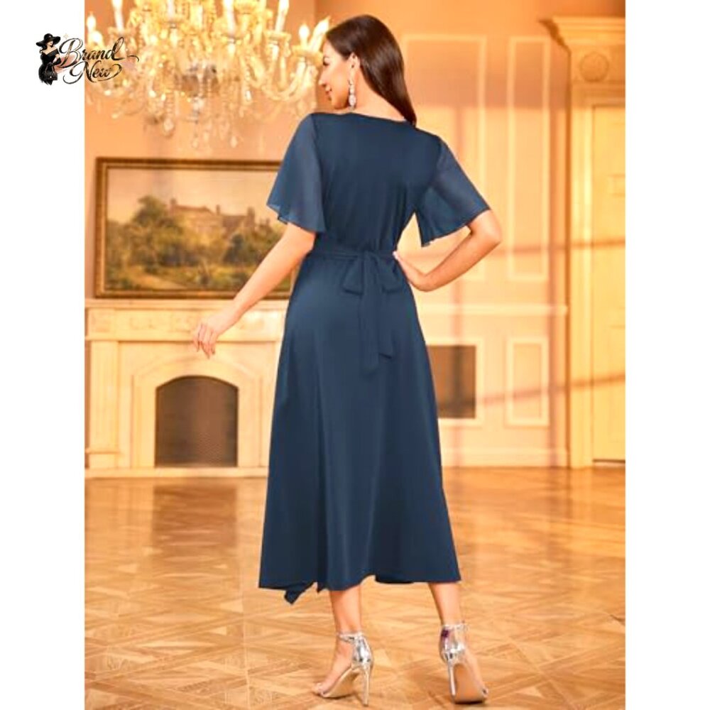 Polyester Blend V-Neck Flared Sleeve Evening Dres… - image 3